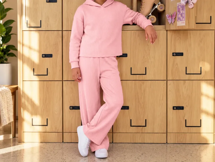Girls Waffle Knit Hoodie & Sweatpants Set