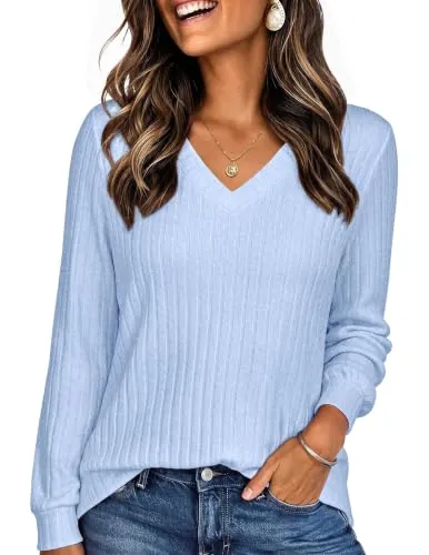 Ekouaer V Neck Ribbed Thermal Shirts