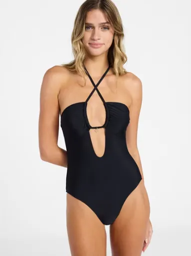 No Boundaries Women's Keyhole Halter One-Piece Swimsuit, XXS-XXL