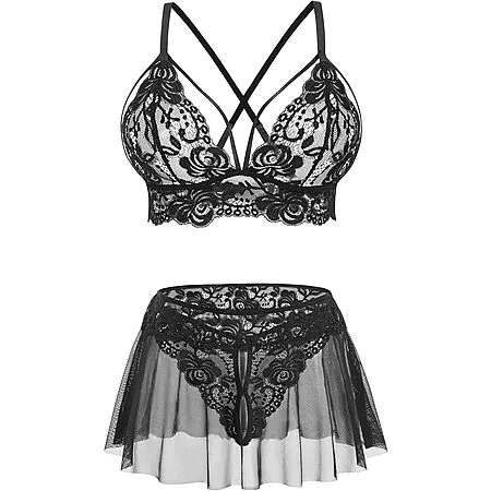 ADOME Women's Sheer Lace Lingerie Bralette w/ Skirt (Various Colors)