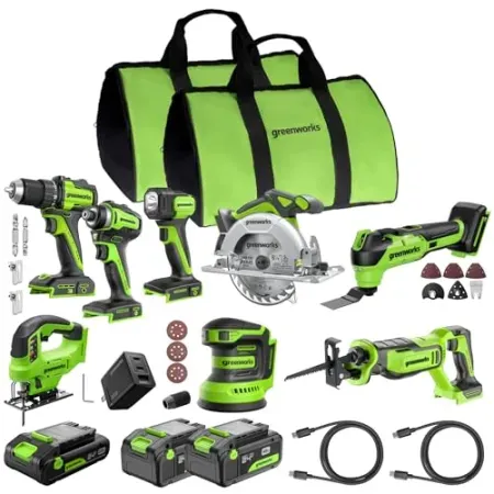 GREENWORKS 24V 8-Tool Combo Kit w/ 3 Batteries, Cables, Charger
