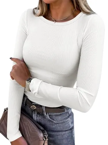 ANRABESS Women Long Sleeve Ribbed Fitted Top White XL