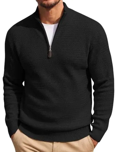 COOFANDY Men's Quarter Zip Mock Neck Knitted Dress Pullover