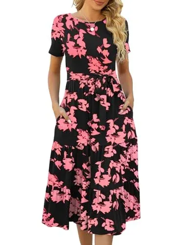 Lyrur Women's Summer Floral Short Sleeve Midi Dress