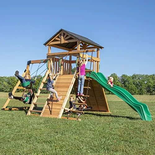 Backyard Discovery Endeavor All Cedar Wood Swing Set Playset with Large Clubhouse Wave Slide Rope Ladder