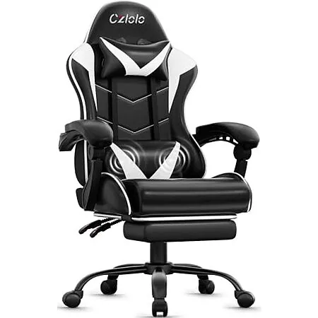 Czlolo High-Back Reclining Gaming Chair w/ Footrest & Massager (Black/White)