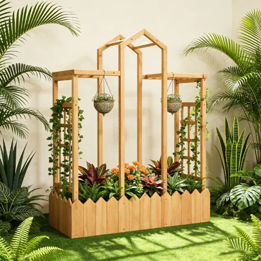 Latitude Run Natural Wooden Planter Box Raised Garden Bed w/ Trellis (44.09'' X 14.37'')