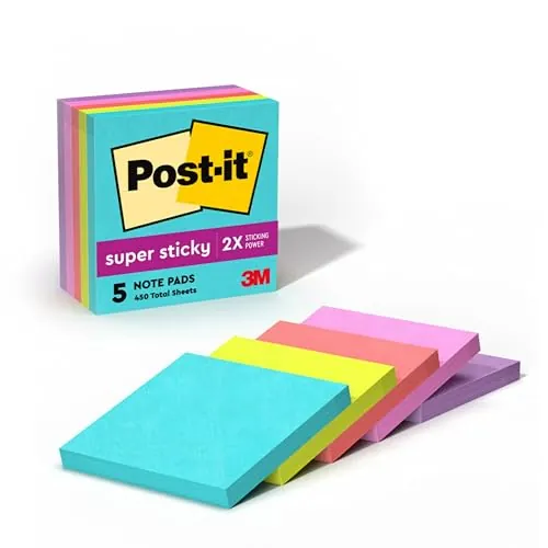 Post-it Super Sticky Notes, 5 Pads, 3 x 3 in, Supernova Neons