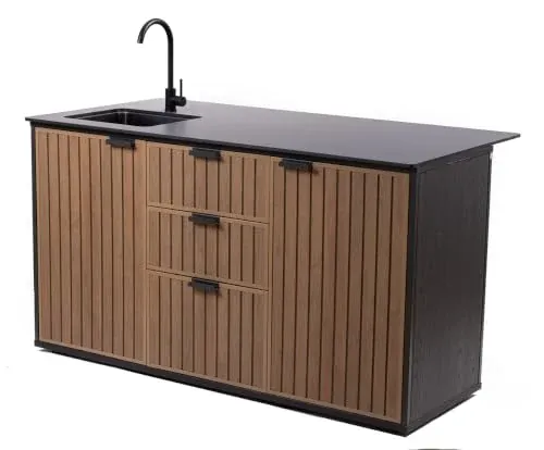 Keter Signature Compact Outdoor Kitchen Island with Sink, Storage Drawers & Cabinet, Brown