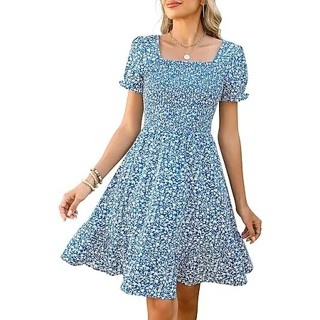 Lyrur Women's Floral Square Neck Smocked Knee Length Summer Dress (Various)