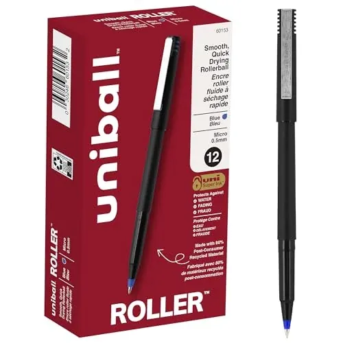 Uniball Roller Rollerball Pens, Micro Point (0.5mm) Blue 12 Pack