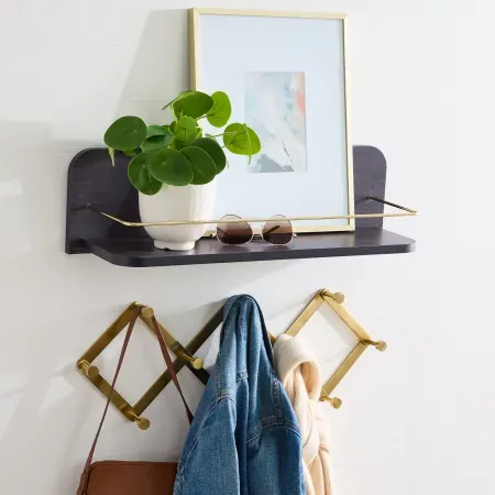 Better Homes & Gardens 23" Wall Shelf w/ Gold Metal Rail & Hooks
