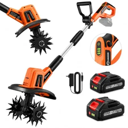 Saker 22V Cordless Garden Tiller w/ Two Batteries, Charger