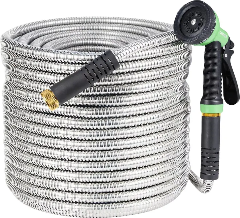HiMiss 50-Foot Stainless Steel Kink-Free Garden Hose w/ 10-Function Spray Nozzle