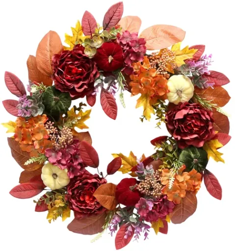 24" Peonies and Hydrangeas Fall Wreath, Multicolor