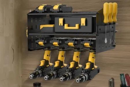 WellMall Four-Slot Power Tool Charging Station w/ Two Shelves, Side Storage