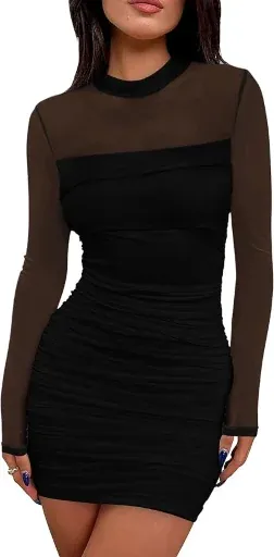 WIHOLL Mesh Sheer Long Sleeve Ruched Dress