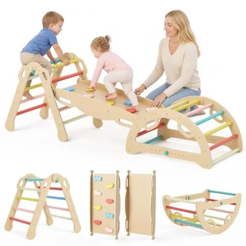 Pikler Triangle Set, 7 in 1 Rainbow Printed Wooden Montessori Climbing Set