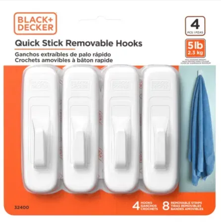 4-Pack BLACK + DECKER Quick Stick Removable Wall Hooks (up to 5lbs)
