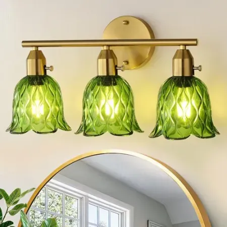 ollycasa 3-Light Vintage Brass Vanity Light with Green Tulip Glass Shades
