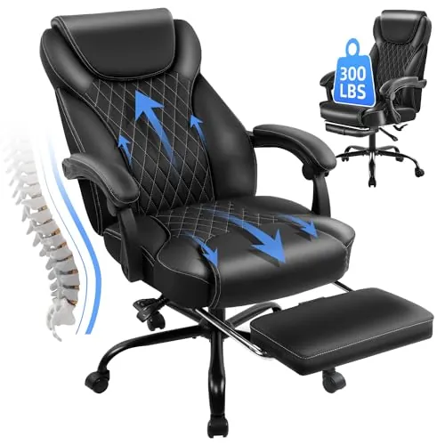 amseatec Big and Tall Office Chair with Footrest, Lumbar Support, Black