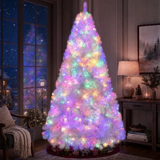 Yexmas 6' Pre-Lit White Artificial Christmas Tree with 300 Warm White & Multicolor Lights