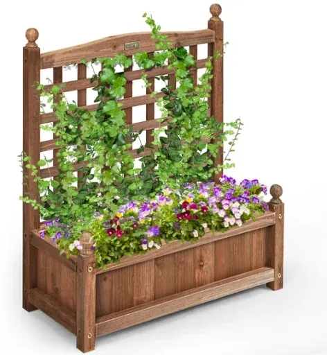Costway Solid Wood Planter Box with Trellis, Weather-Resistant Outdoor 25”x11”x30”