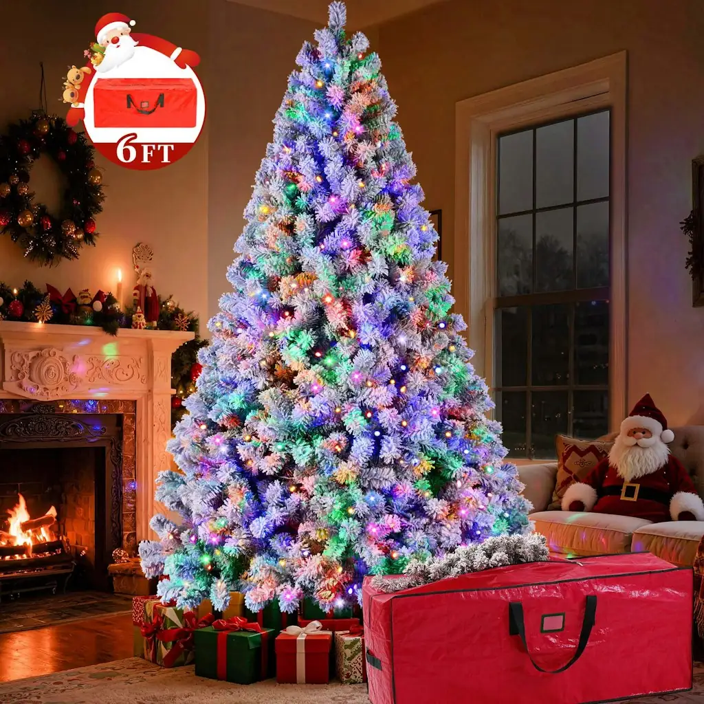 Yexmas 6-Foot Pre-Lit LED Snow Flocked Christmas Tree with Storage Bag