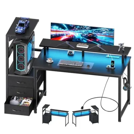 DUMOS 52” Reversible Gaming Computer Desk w/ Drawers, Charging Station