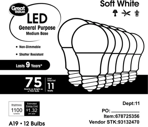 Great Value LED Light Bulbs, Soft White 2700K, 75W Equivalent, A19, E26 Medium Base, 12-Pack