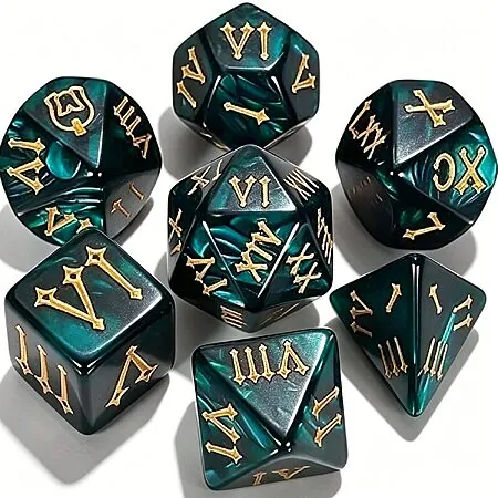 7-Pc. Ciaraq Polyhedral DND RPG Dice Set w/ Velvet Bag (Deep Teal Pearl)