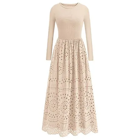 Dowerme Women's Long Sleeve Crewneck Eyelet A-Line Maxi Dress (Various)