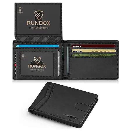 RUNBOX Men's Slim RFID Wallet w/ 2 ID Windows (Crazy Horse Black)
