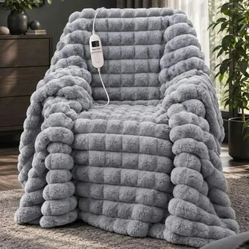 50"x60" Electric Heated Faux Rabbit Fur & Flannel Throw Blanket