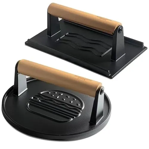 Cast Iron Smash Burger Press Round & Rectangle Grooved 2PCS