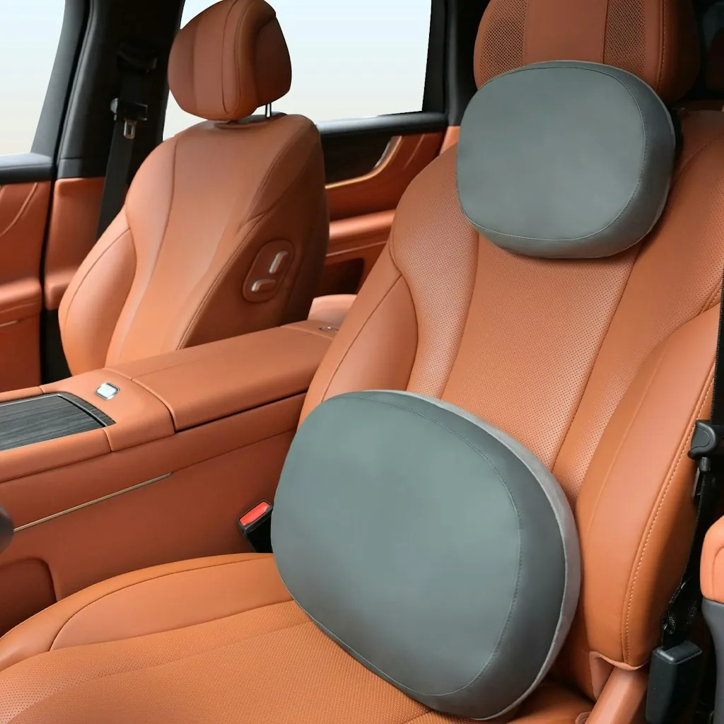 Reversible Suede & Leather Car Lumbar Support & Neck Pillow Set