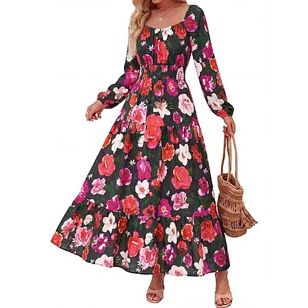 BTFBM Women's Square Neck Long Sleeve Flowy Maxi Dress (Various)