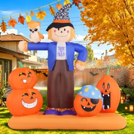 GIFTFIND 7.22' Halloween Inflatable Scarecrow w/ Pumpkins & Owl LED Outdoor Decoration