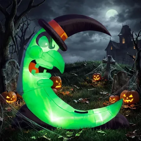 9' Green Witch Moon Halloween Inflatables with Stool and LED lights