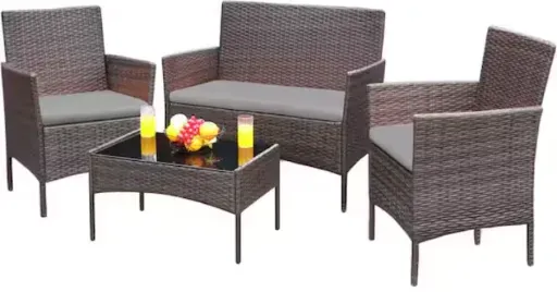 Tozey Brown 4-Piece Wicker Outdoor Patio Furniture Set with Gray Cushion
