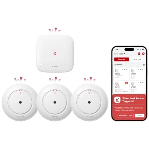 X-Sense Wi-Fi Water Leak Detector Kit, 120 dB, 3 Sensors + Base