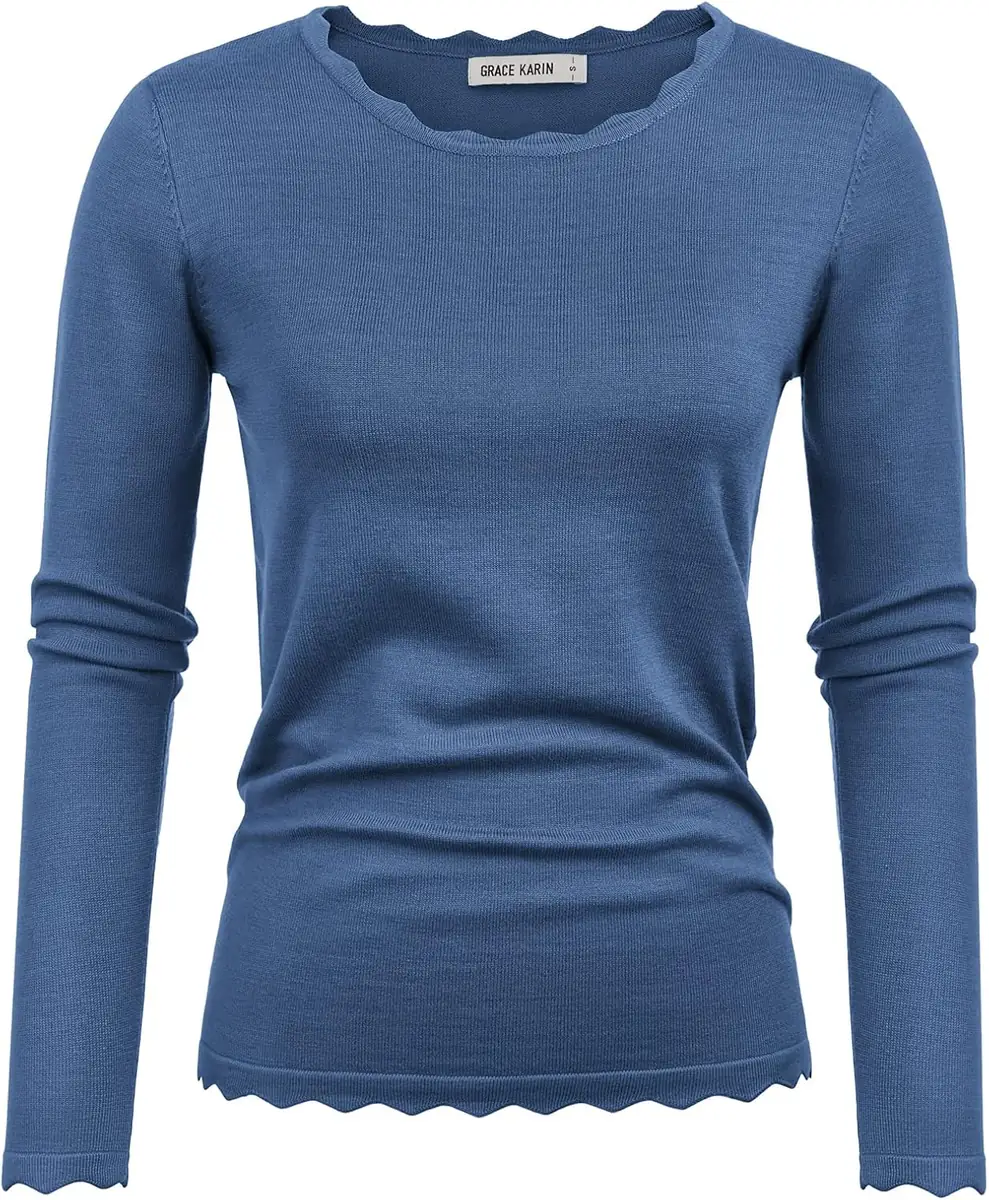 GRACE KARIN Scalloped Crew Neck Sweater
