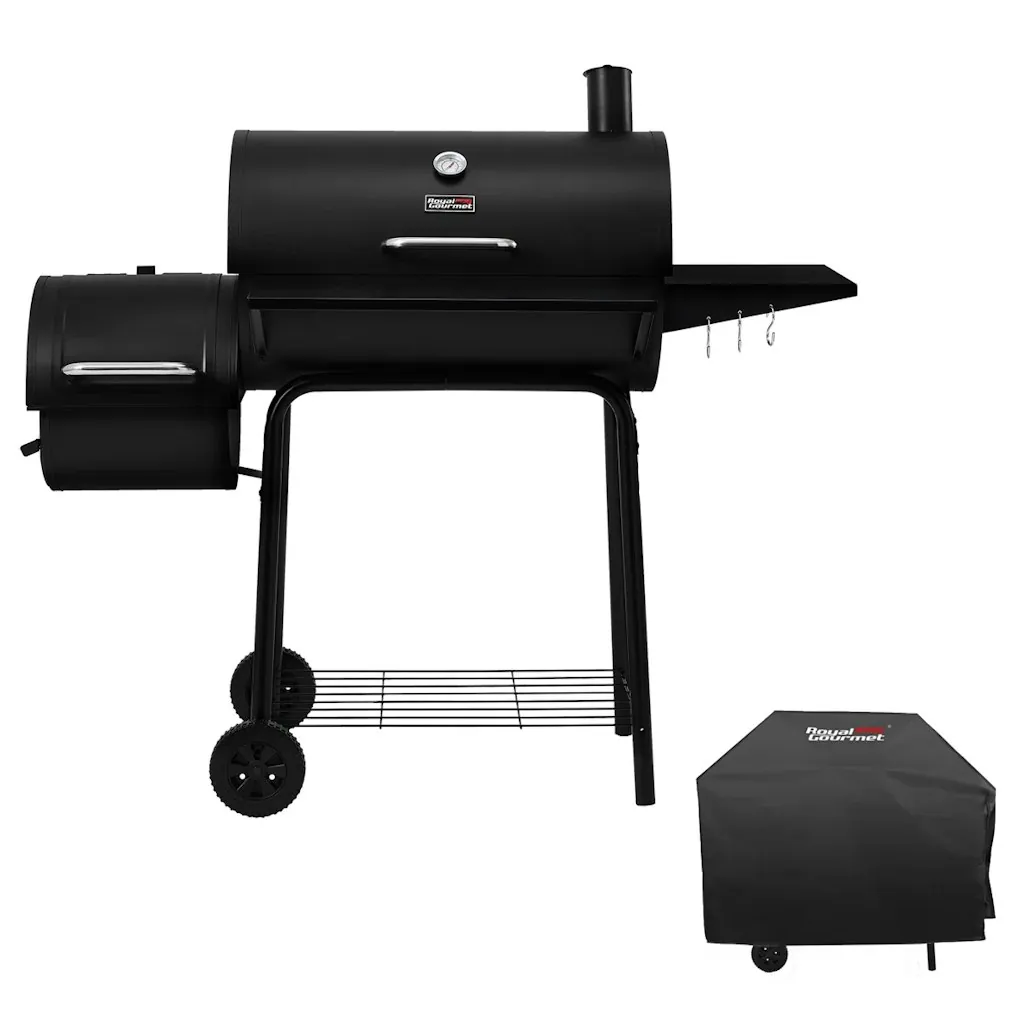 Royal Gourmet 28" Barrel Charcoal Grill w/ Smoker, Side Table & Cover