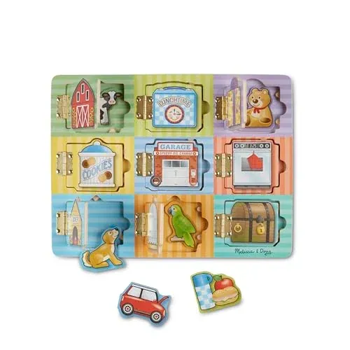 Melissa & Doug Wooden Hide & Seek Activity Board with 9 Hinged Doors
