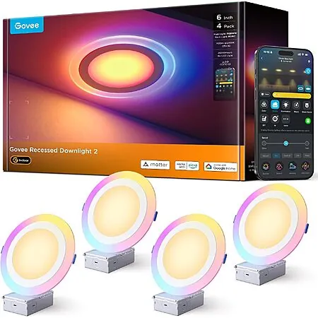 Govee Smart Recessed LED RGBIC Dimmable Downlight: 6-Pk 6" $180 or 4-Pk 6"