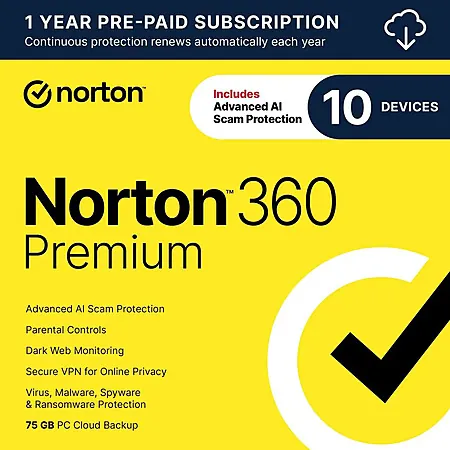 1-Year Norton 360 Premium 2026 (10 Devices, Auto-Renewal)