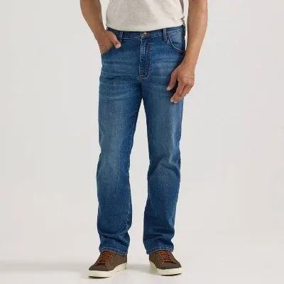 Wrangler Men's Straight Leg or Relax Fit Jeans - Midweight Denim, Stretch, Fly Button, sizes 30-42, 30-32" length