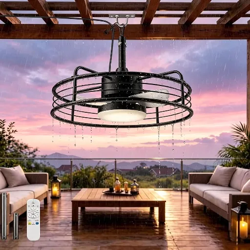 AKOFUN 20" IP65 Waterproof Outdoor Caged Ceiling Fan w/ Light, Remote & DC Motor