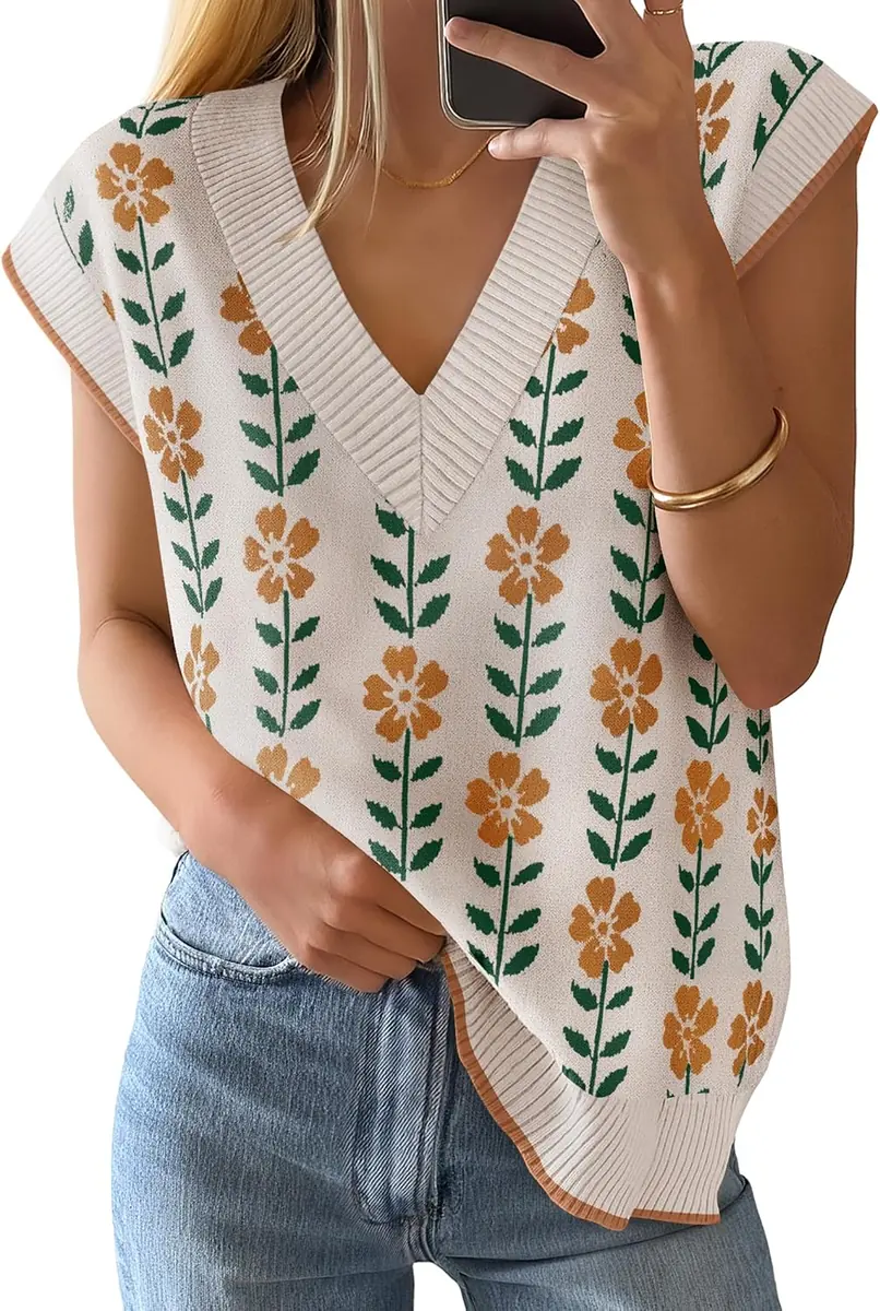 ZESICA Floral V-Neck Sleeveless Sweater