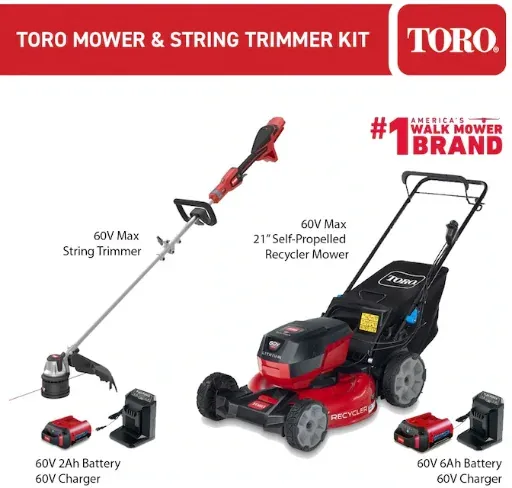 Toro Recycler 60-volt Max 21-in Cordless Self-propelled Lawn Mower 6 Ah and Flex-Force 60-volt Max 16-in Telescopic Shaft Battery String Trimmer 2 Ah Bundle
